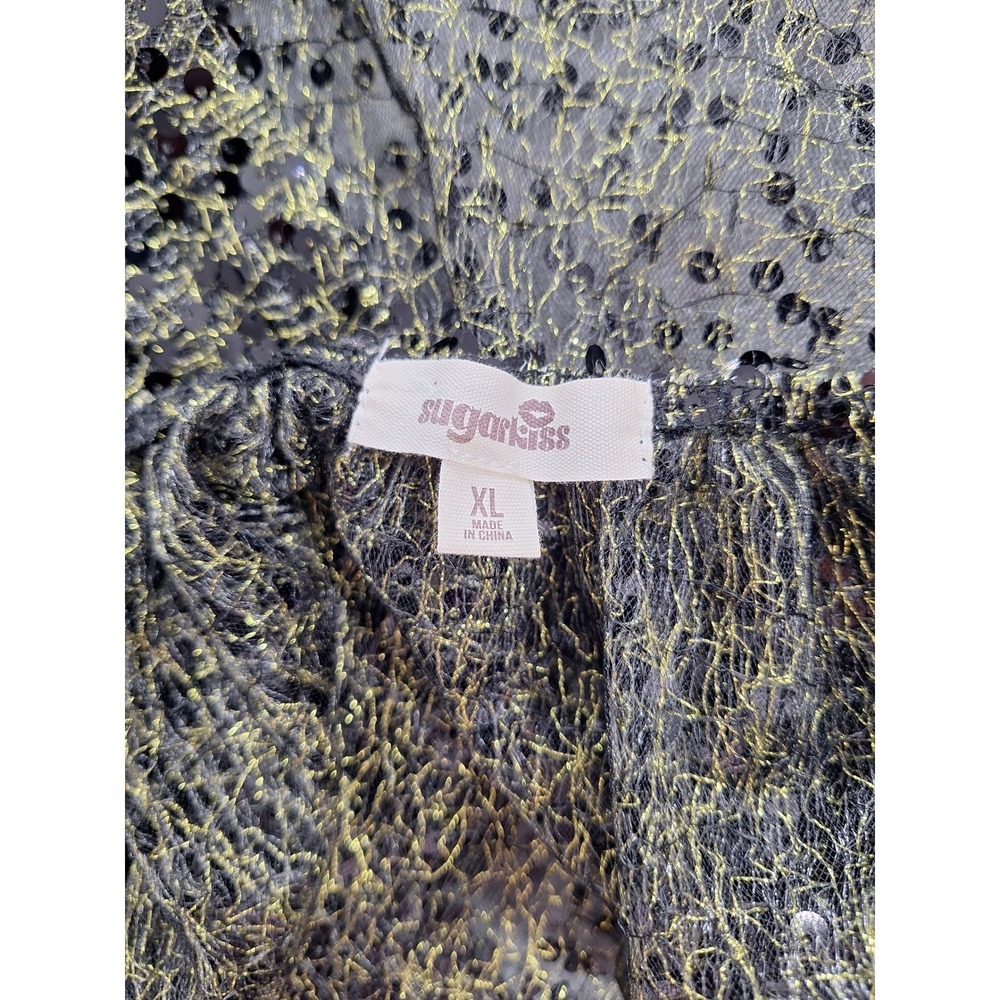 Sugarkiss Womens XL Black Gold Sequin Metallic Mesh Babydoll Camisole Crop‎ Top - Picture 6 of 6